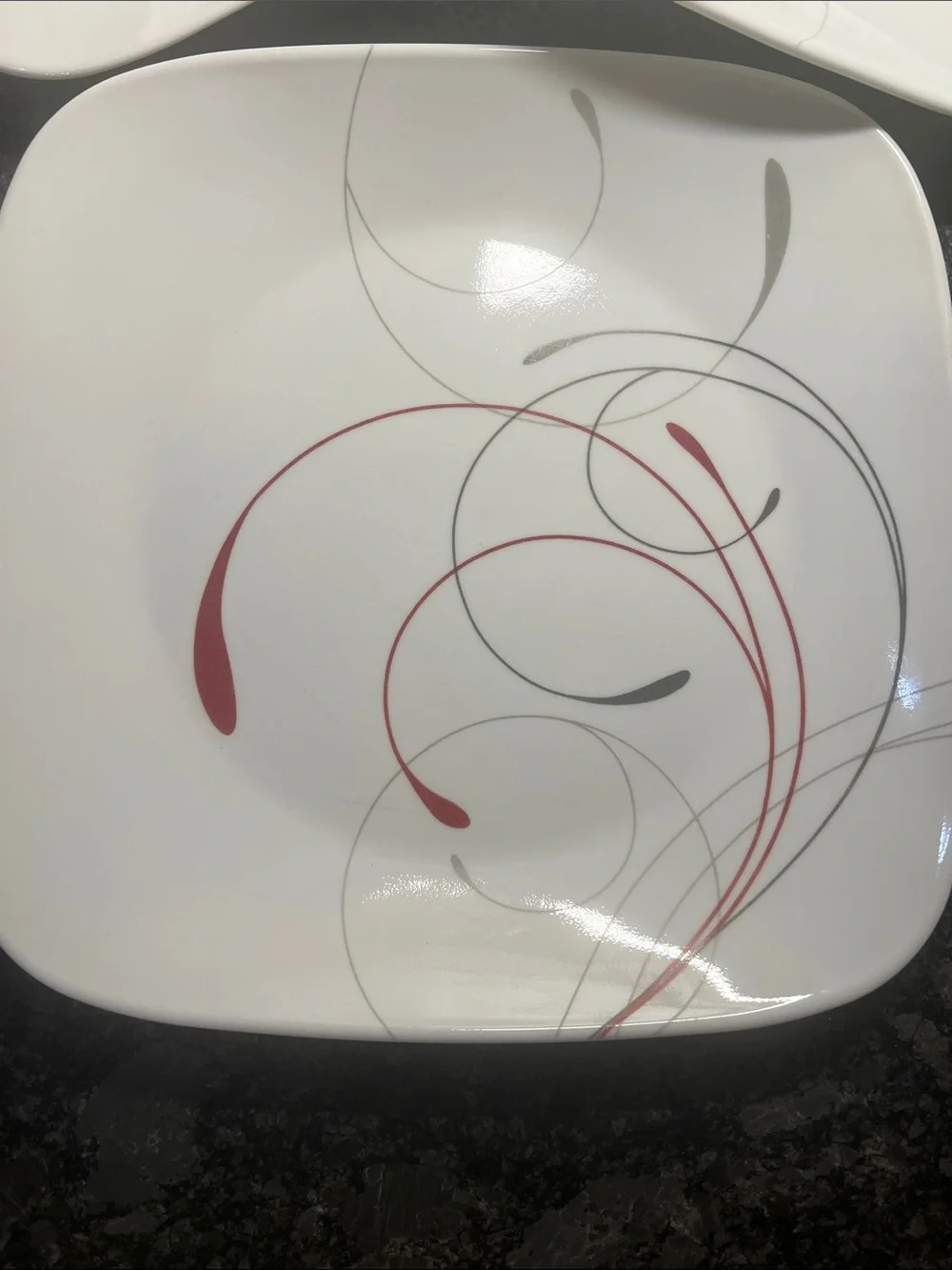Corelle Splendor Square White Dinner Plates with Red & Gray Swirl Accent